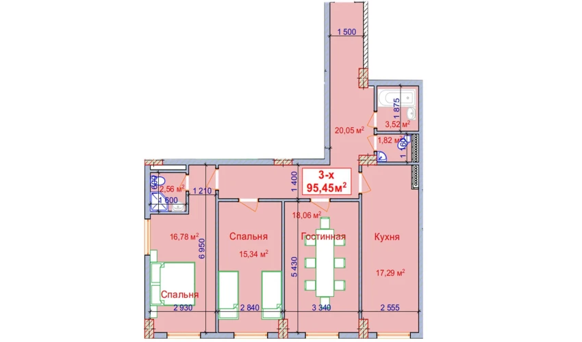 3-xonali xonadon 95.45 m²  1/9 qavat | SHAYX-UL OLAM Turar-joy majmuasi