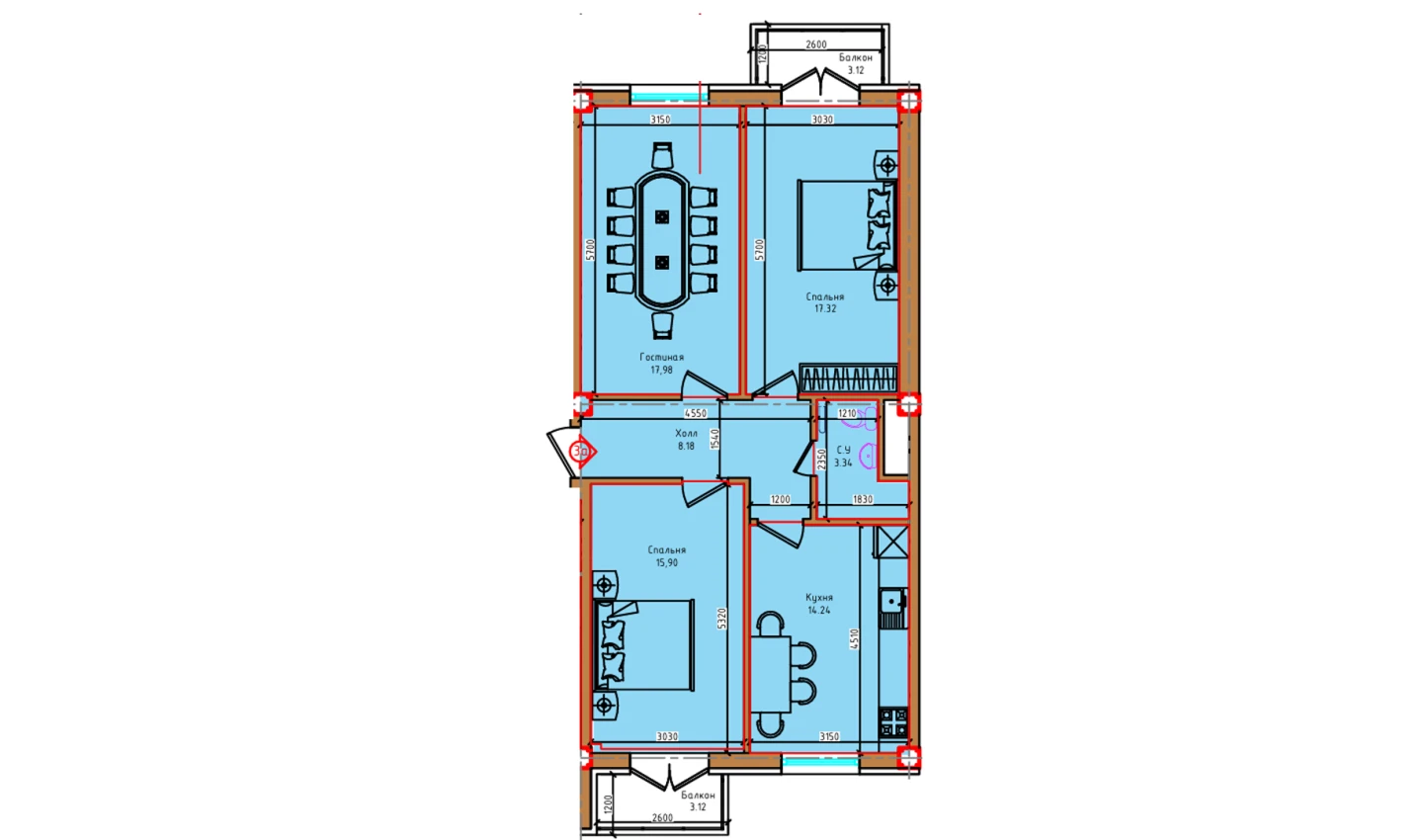 3-комн. квартира 83.2 м²  7/8 этаж | Жилой комплекс Markaz