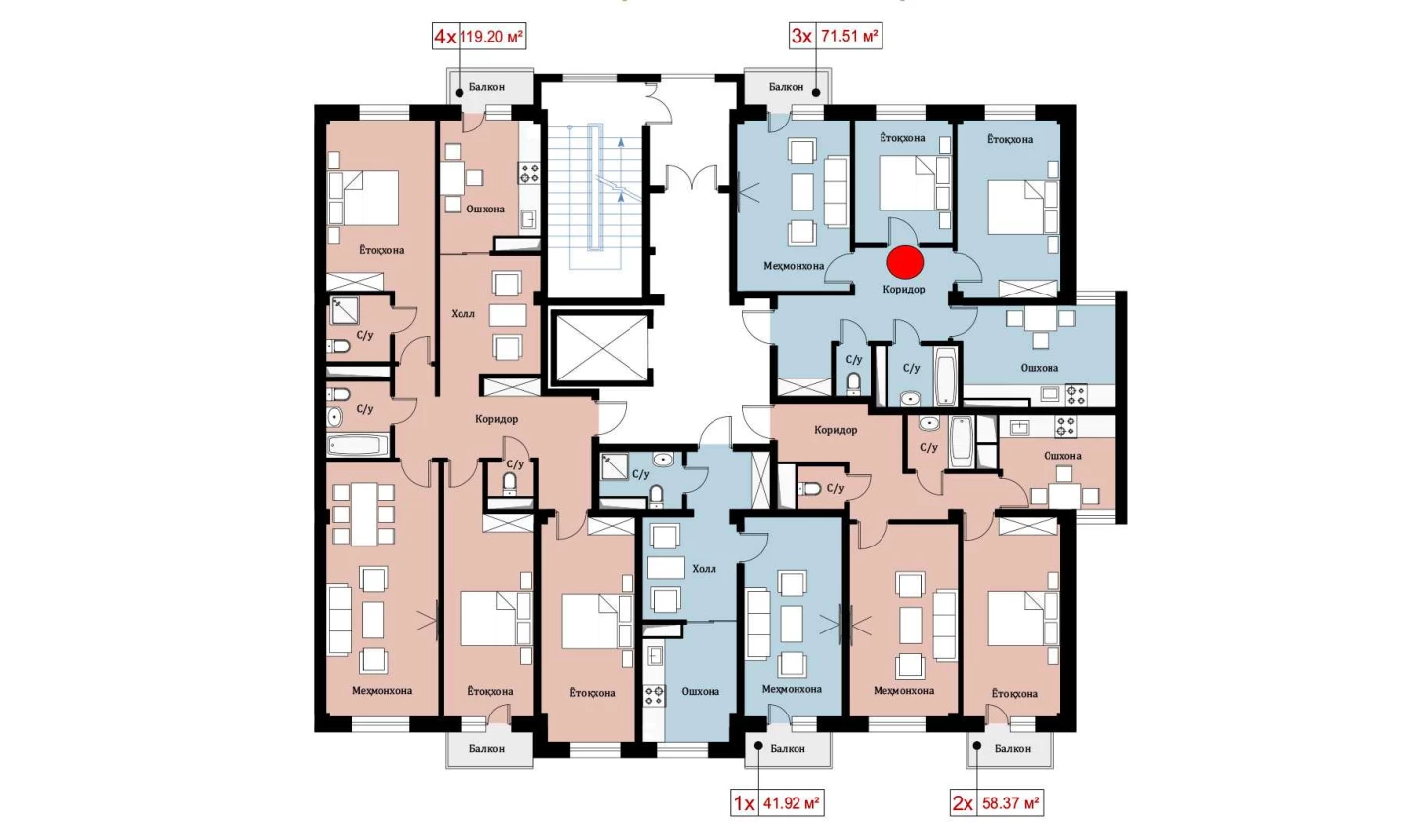 3-xonali xonadon 74.91 m²  6/10 qavat | Ko'kcha-Oqtepa Turar-joy majmuasi