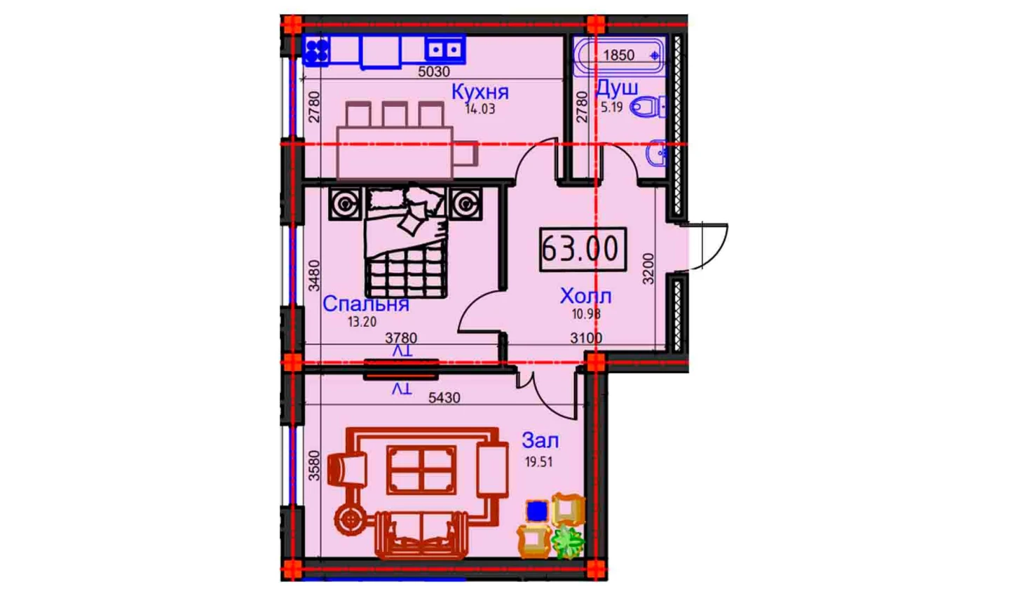 2-xonali xonadon 63 m²  1/8 qavat | BAHOR Turar-joy majmuasi