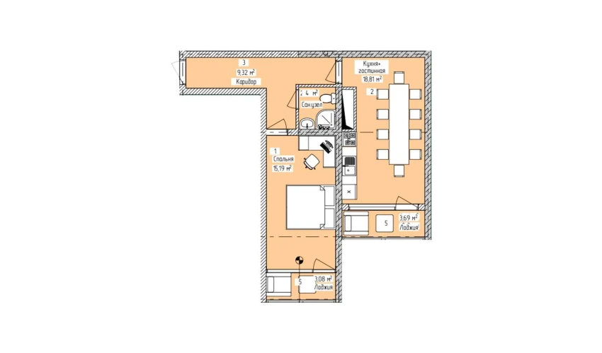 2-комнатная квартира 52.82 м²  11/16 этаж | Жилой комплекс ELITE ECO CITY