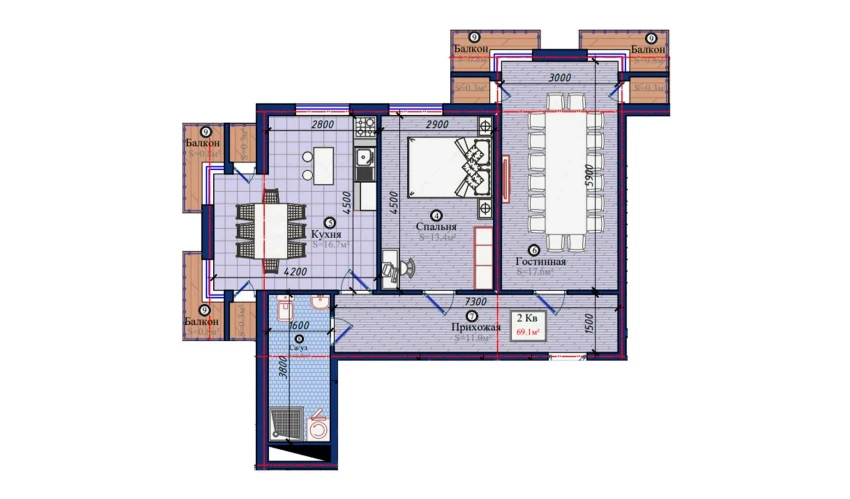 2-комнатная квартира 69.1 м²  10/10 этаж | Жилой комплекс NURAFSHON