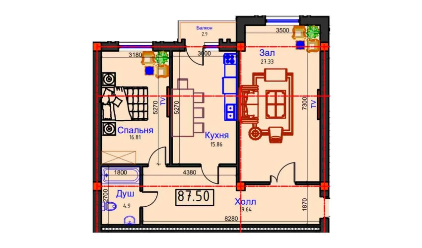 2-комнатная квартира 87.5 м²  9/9 этаж | Жилой комплекс BAHOR