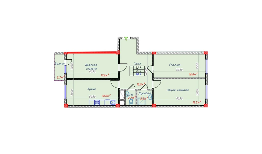 3-комнатная квартира 98.7 м²  7/9 этаж | Жилой комплекс Hakimi Towers