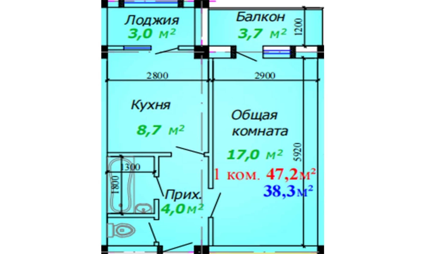 1-xonali xonadon 47.2 m²  6/7 qavat | Bunyodkor Turar-joy majmuasi