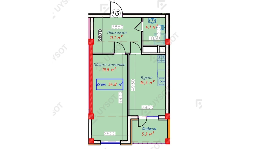 2-комнатная квартира 54.8 м²  2/9 этаж | Жилой комплекс QASHQADARYO