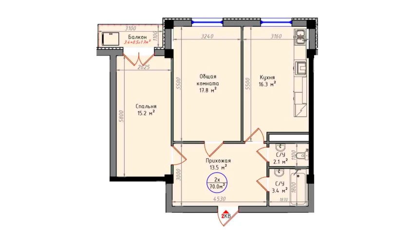 2-xonali xonadon 70 m²  2/12 qavat | Zamin Jizzax Turar-joy majmuasi