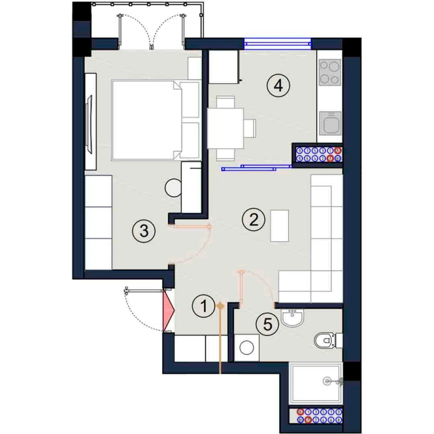 1-xonali xonadon 37.5 m²  6/9 qavat | FLORYA RESIDENCE Turar-joy majmuasi