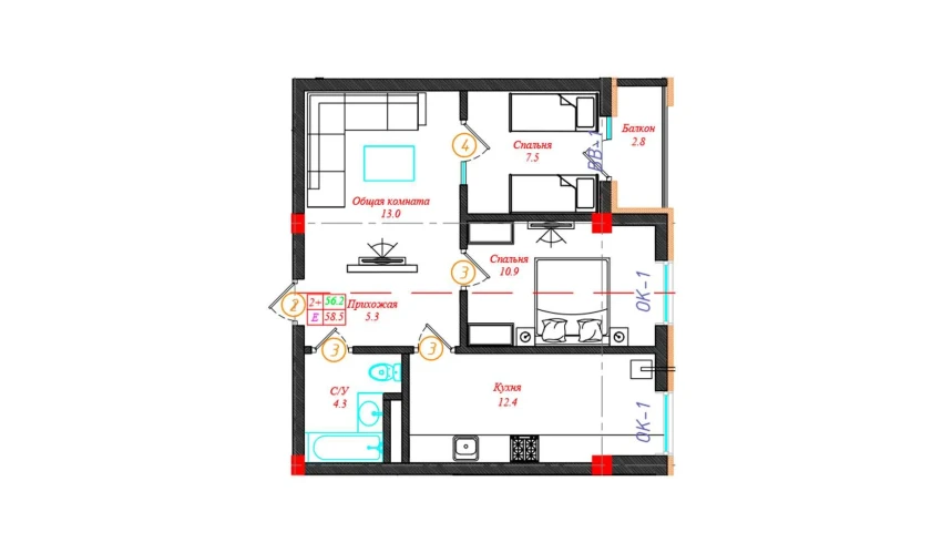 2-комнатная квартира 58.5 м²  5/12 этаж | Жилой комплекс CHINARA PARK