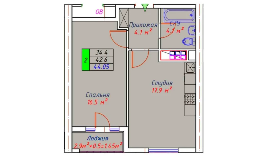 1-xonali xonadon 44.05 m²  4/30 qavat | ECO TOWER Turar-joy majmuasi