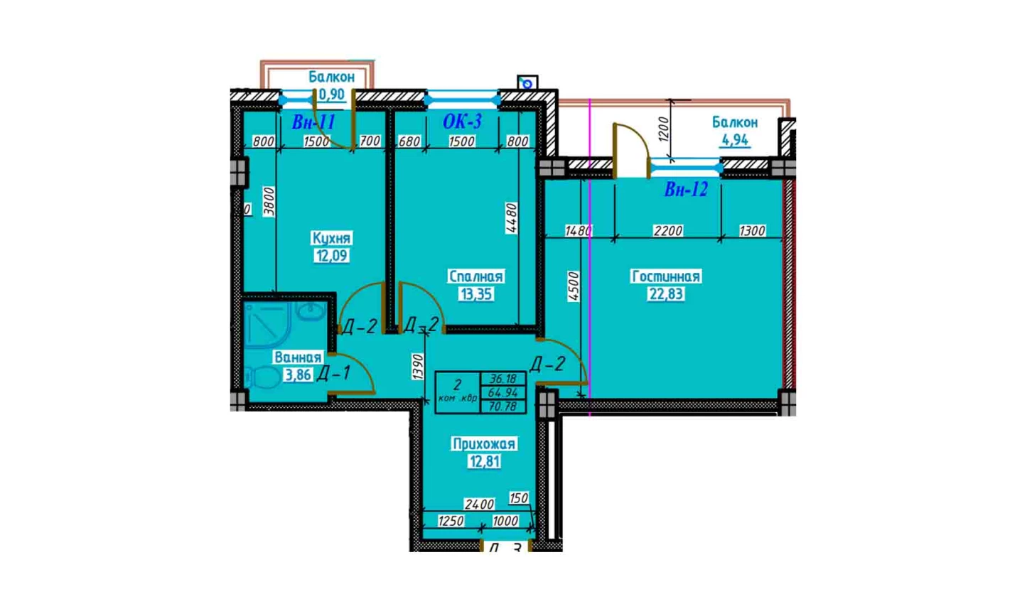 2-комн. квартира 70.7 м²  3/13 этаж | Жилой комплекс Bog'dod City