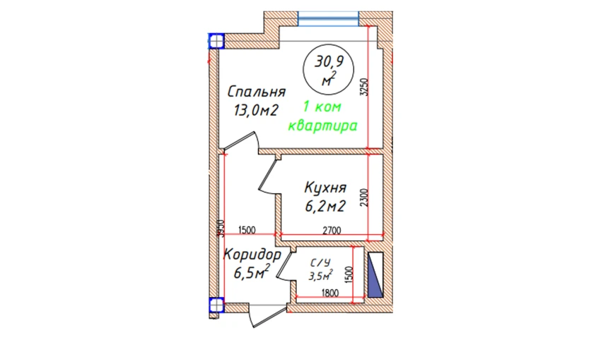 1-xonali xonadon 30.9 m²  5/5 qavat | Oq mahalla Turar-joy majmuasi