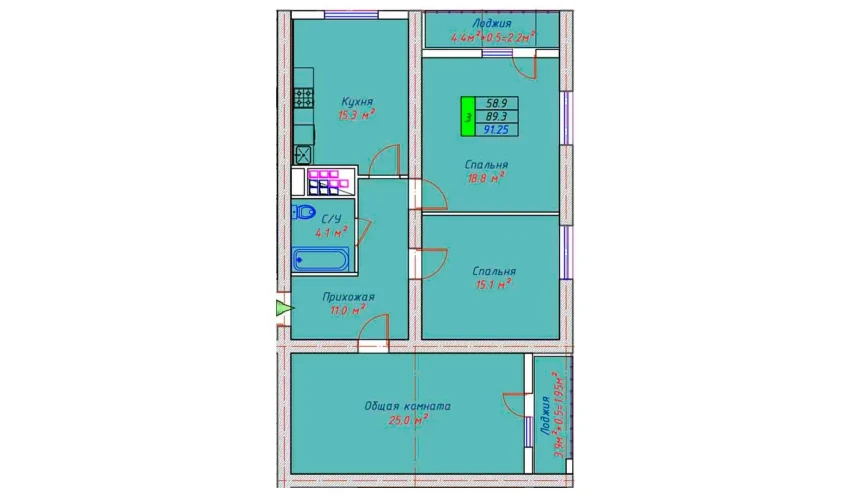 3-xonali xonadon 91.25 m²  16/30 qavat | ECO TOWER Turar-joy majmuasi