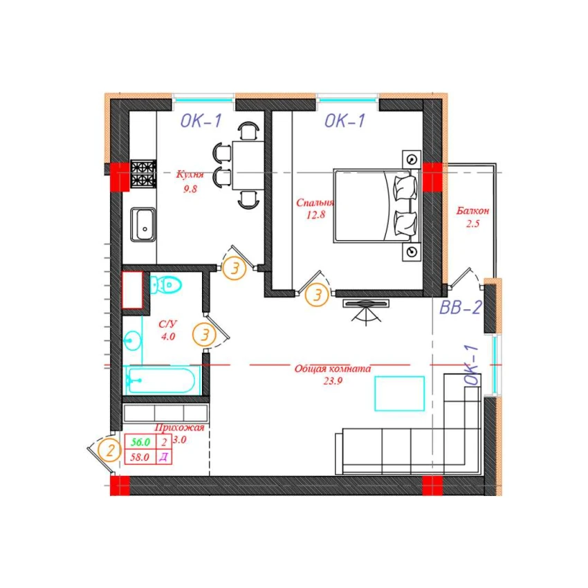2-комн. квартира 58 м²  8/12 этаж | Жилой комплекс CHINARA PARK