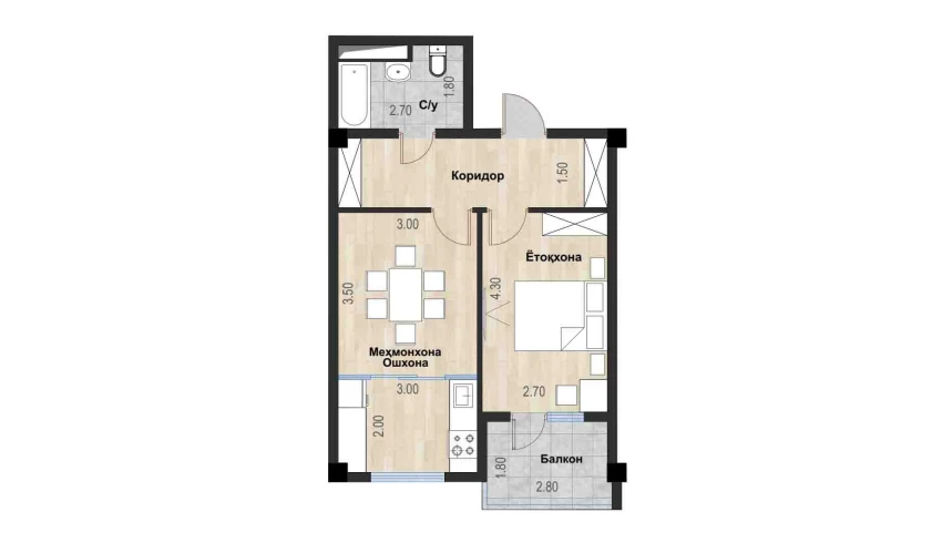2-xonali xonadon 47.03 m²  2/7 qavat | Bochka Resort Turar-joy majmuasi