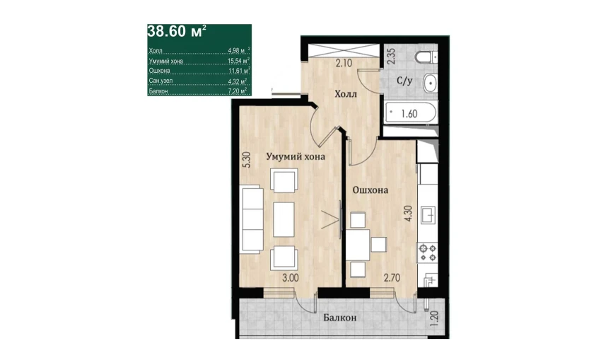 1-xonali xonadon 38.61 m²  1/16 qavat | SOKIN DIYOR Turar-joy majmuasi