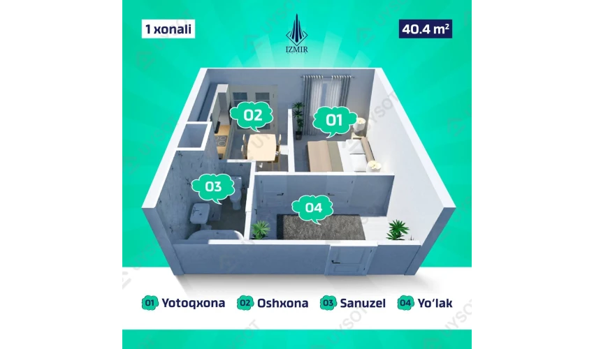 1-xonali xonadon 40.4 m²  2/12 qavat | Izmir Turar-joy majmuasi