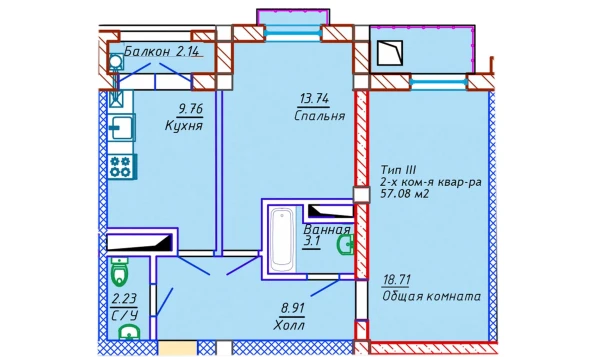 2-xonali xonadon 57.08 m²  4/10 qavat | Samarqand Park Avenue Turar-joy majmuasi