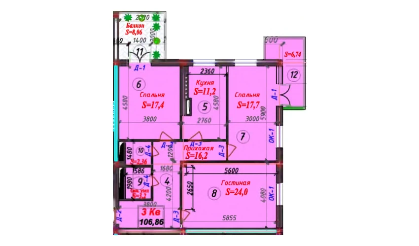 3-комнатная квартира 106.86 м²  3/9 этаж | Жилой комплекс SAMARQAND CITY