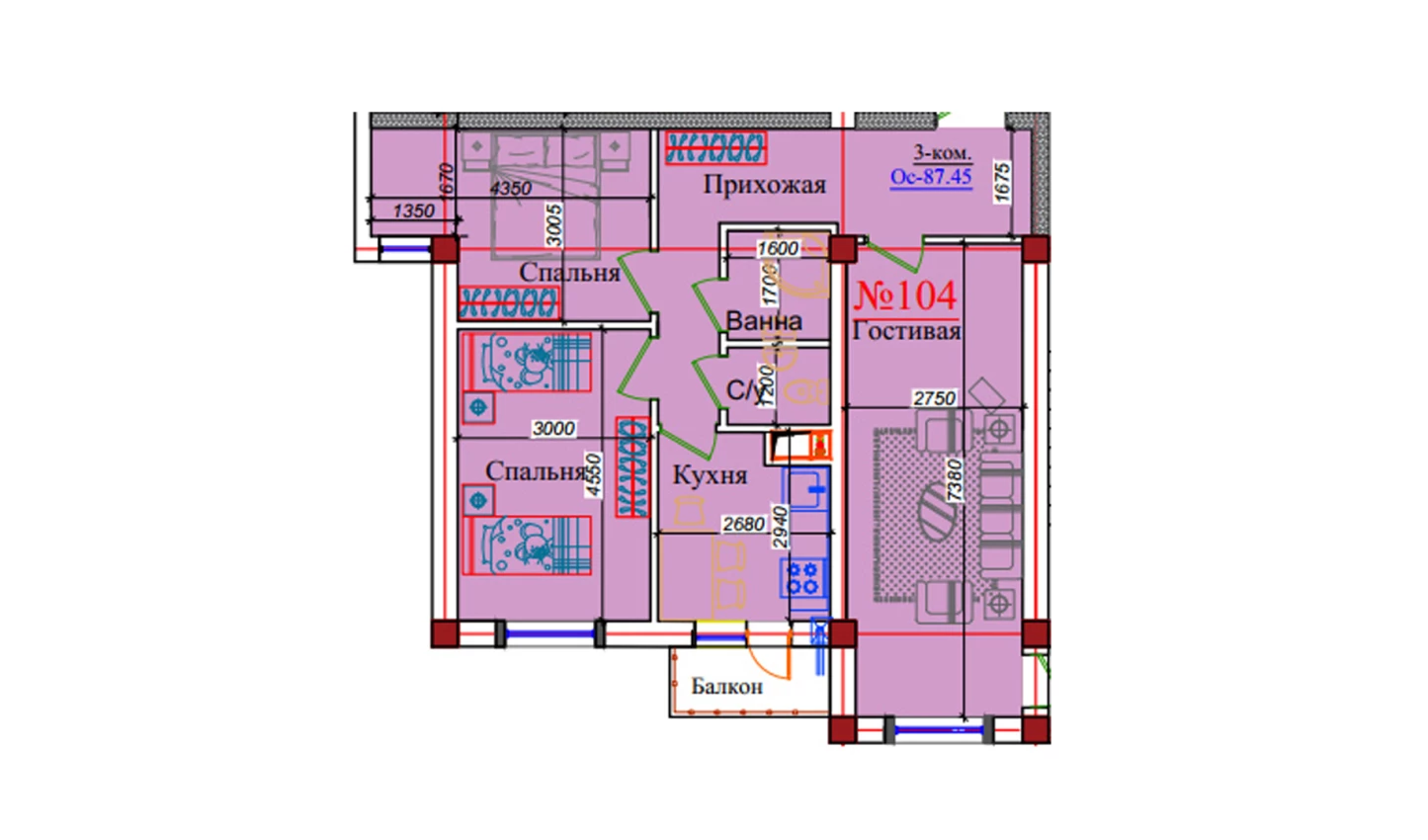 3-комн. квартира 87.45 м²  5/9 этаж | Жилой комплекс ZAR ZAMONAVIY UYLAR