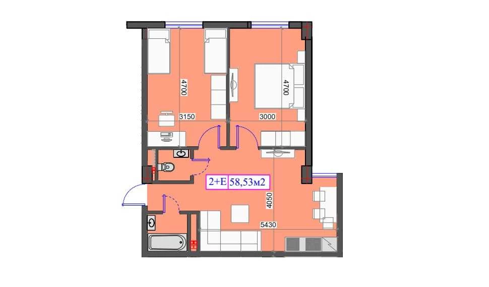 2-xonali xonadon 58.53 m²  1/7 qavat | O'ZBEGIM Turar-joy majmuasi