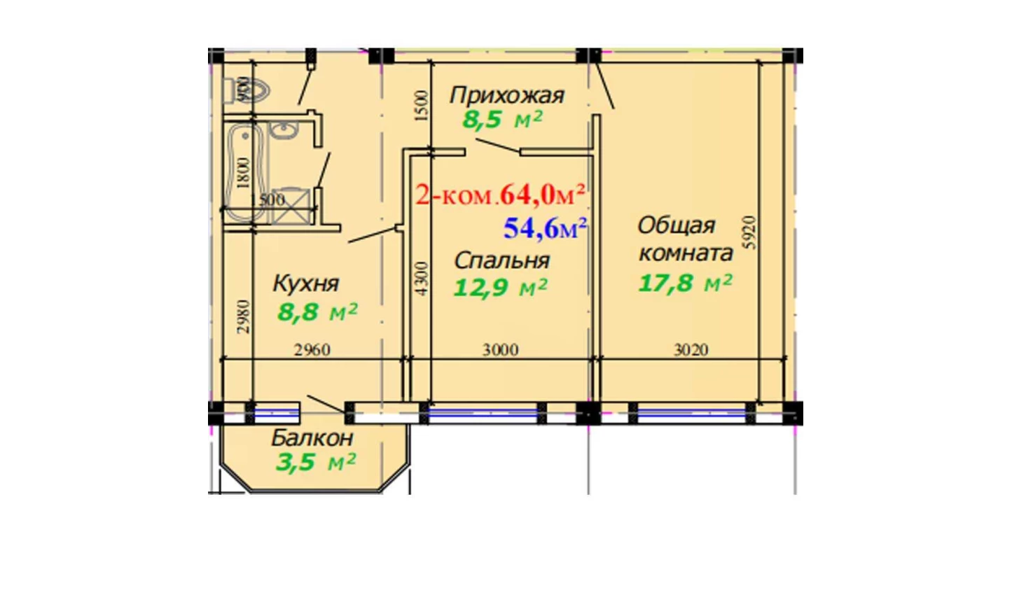 2-комн. квартира 64 м²  4/7 этаж | Жилой комплекс Bunyodkor