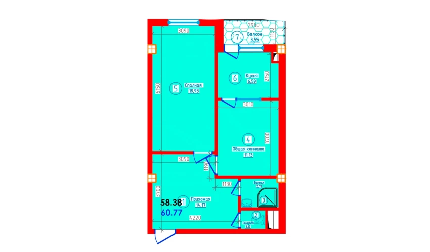 2-комнатная квартира 60.77 м²  10/12 этаж | Жилой комплекс S-Tower