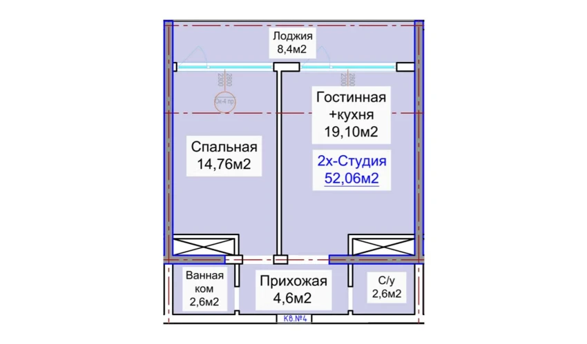 2-комнатная квартира 52.06 м²  3/16 этаж | Жилой комплекс ELITE ECO CITY