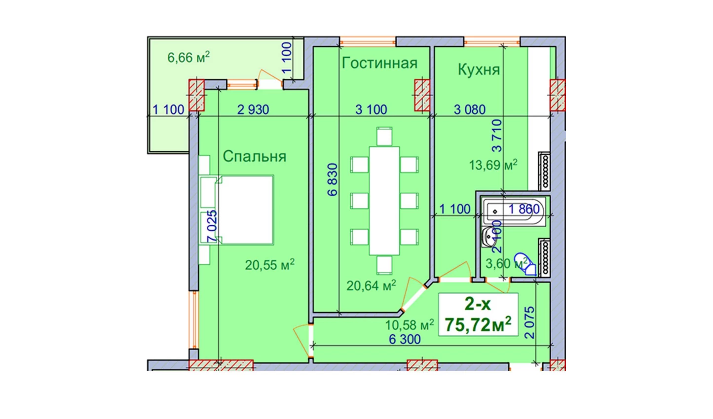 2-комн. квартира 75.72 м²  5/9 этаж | Жилой комплекс SHAYX-UL OLAM