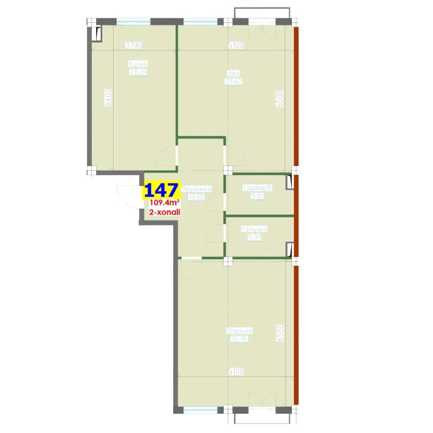 2-комн. квартира 109.4 м²  5/9 этаж | Жилой комплекс YANGI AVLOD