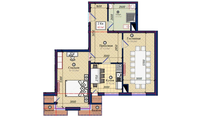 2-xonali xonadon 62.1 m²  6/10 qavat | NURAFSHON Turar-joy majmuasi