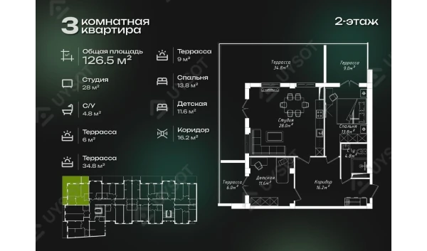 3-xonali xonadon 126.5 m²  2/8 qavat | FAYZLI MAKON Turar-joy majmuasi