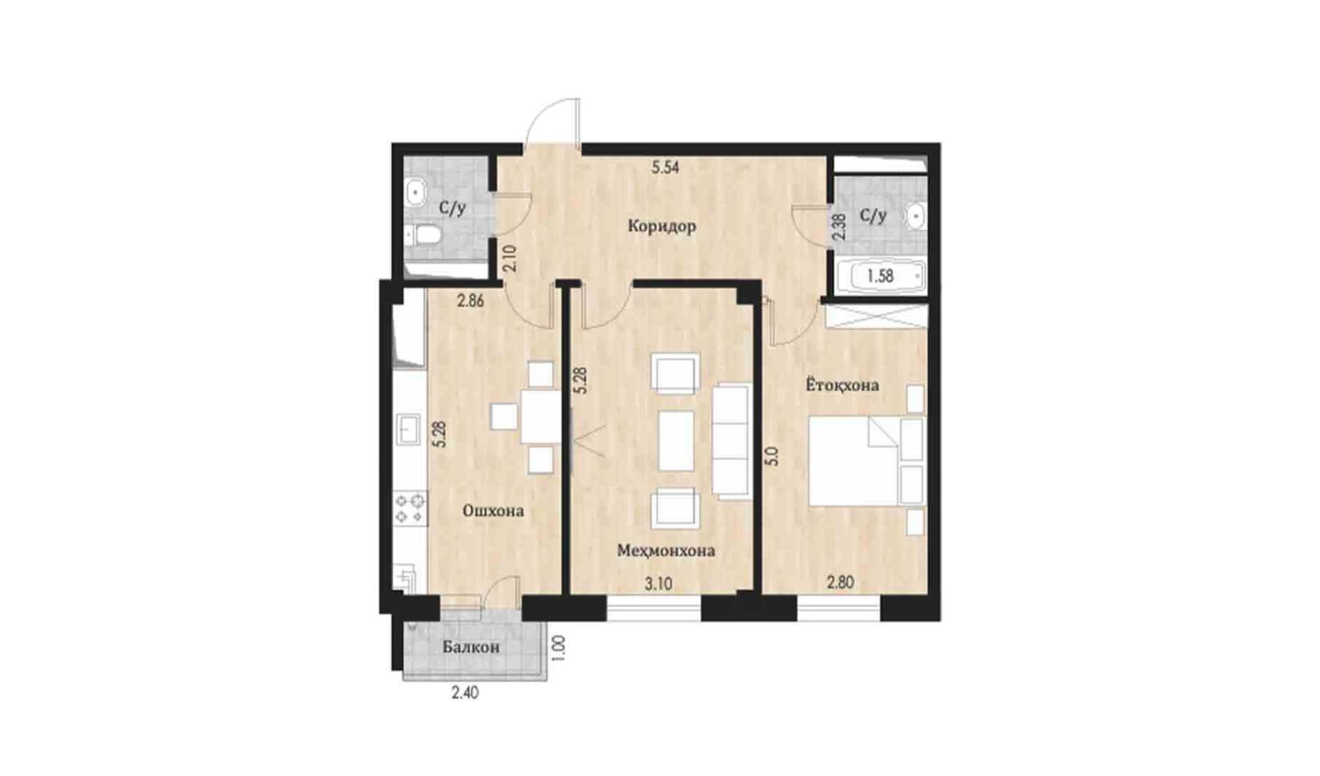 2-комн. квартира 66.35 м²  2/10 этаж | Жилой комплекс Ko'kcha-Oqtepa