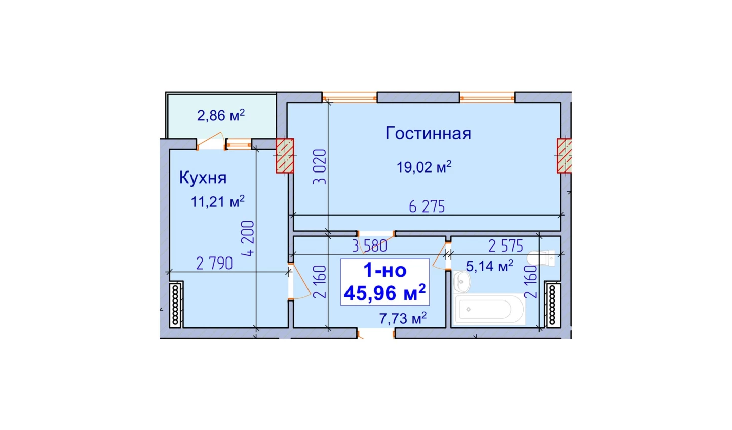 1-комн. квартира 45.96 м²  6/9 этаж | Жилой комплекс SHAYX-UL OLAM