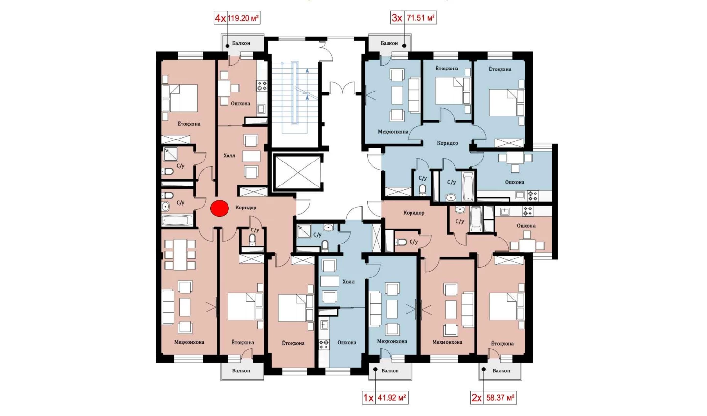4-xonali xonadon 119.2 m²  4/10 qavat | Ko'kcha-Oqtepa Turar-joy majmuasi
