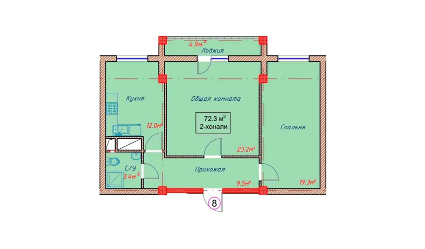 2-комнатная квартира 72.3 м²  5/10 этаж | Жилой комплекс Orzular