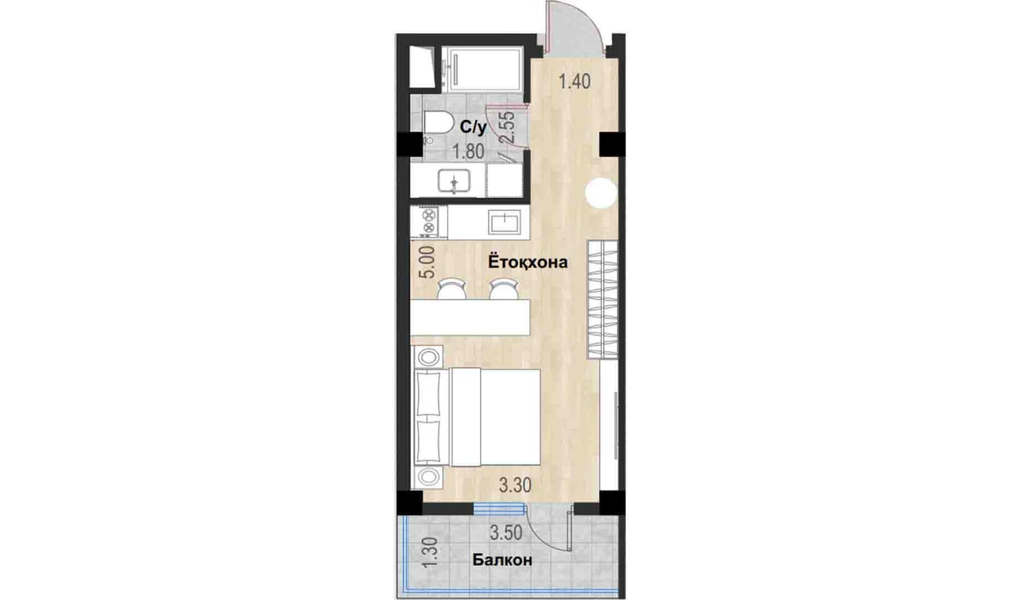 1-xonali xonadon 28.75 m²  3/7 qavat | Bochka Resort Turar-joy majmuasi
