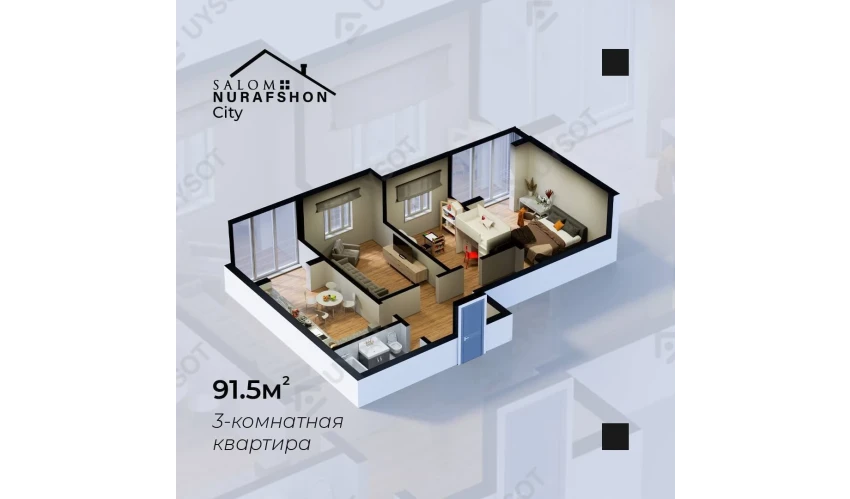 3-комнатная квартира 91.5 м²  2/9 этаж | Жилой комплекс Salom Nurafshon city