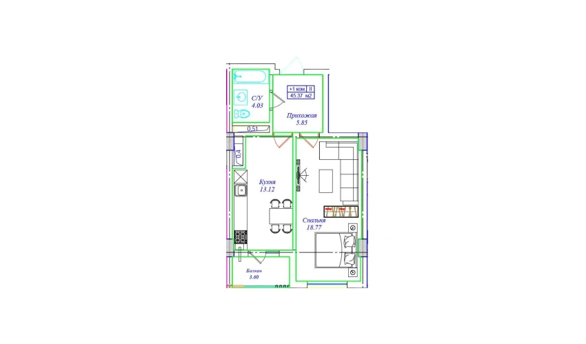 1-xonali xonadon 45.37 m²  5/9 qavat | UCHTEPA CITY Turar-joy majmuasi