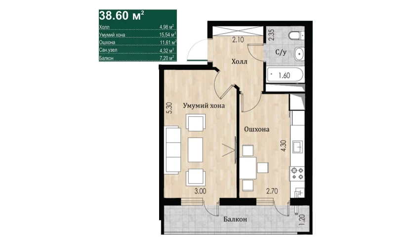 1-xonali xonadon 38.6 m²  1/16 qavat | SOKIN DIYOR Turar-joy majmuasi