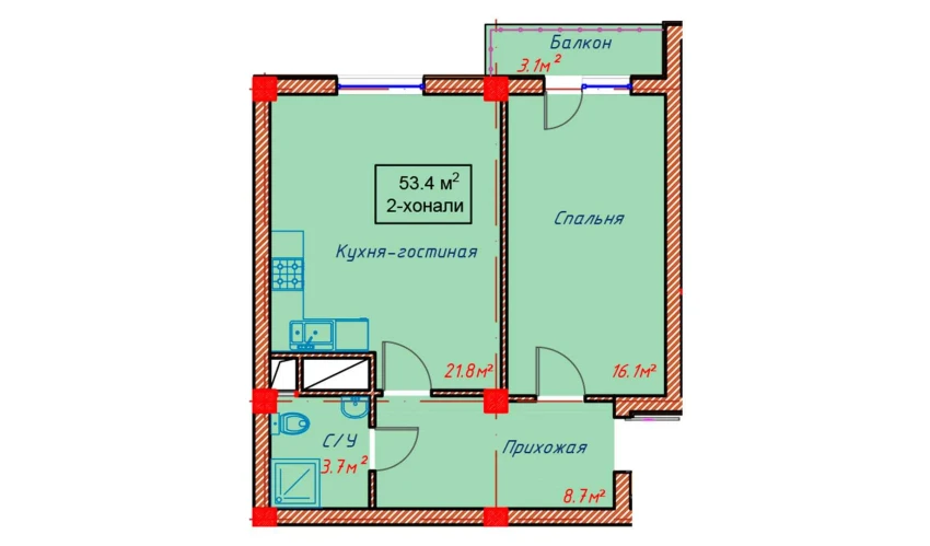 2-xonali xonadon 53.4 m²  8/10 qavat | Orzular Turar-joy majmuasi