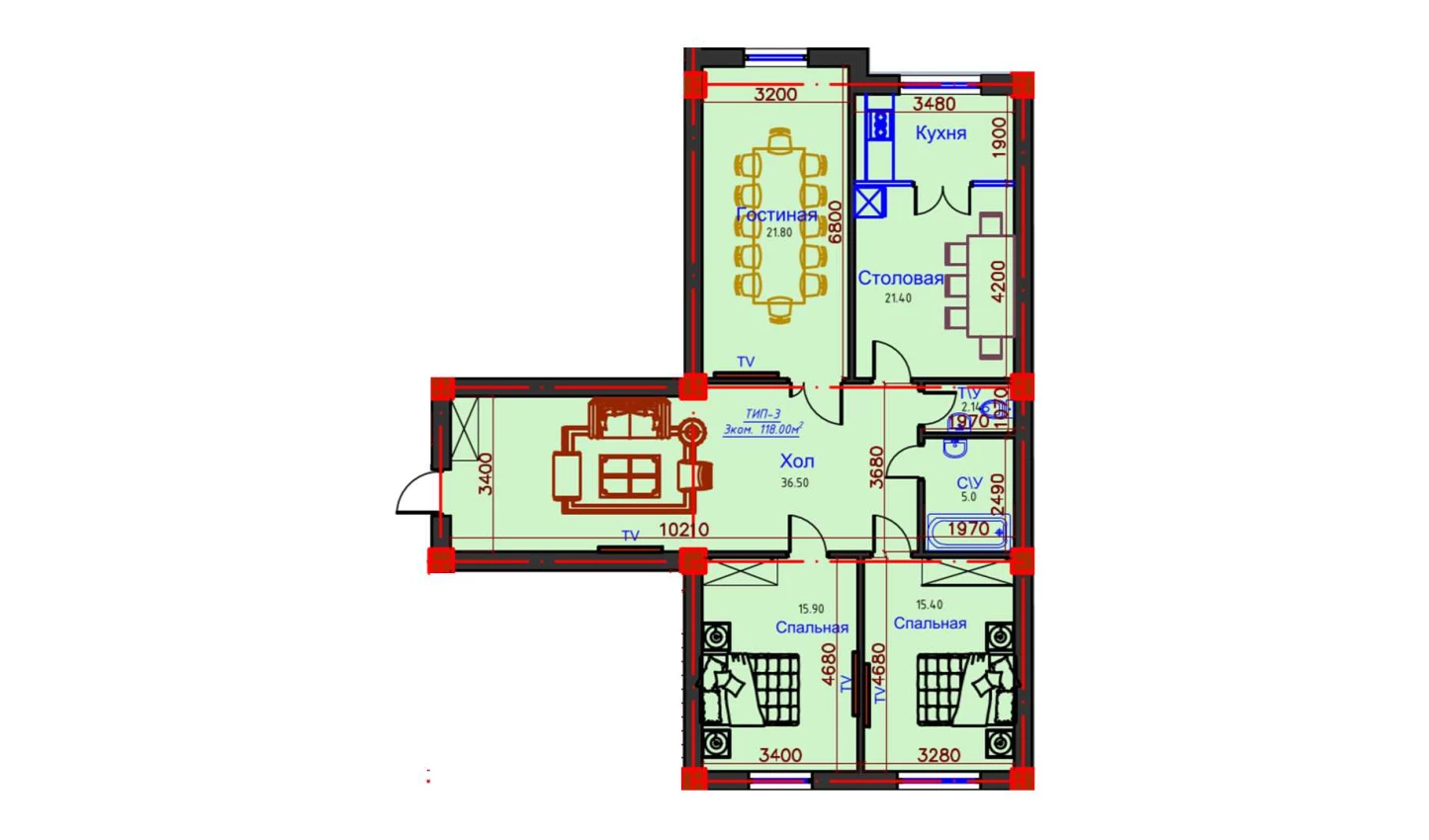 3-xonali xonadon 118 m²  1/10 qavat | AFROSIYOB Turar-joy majmuasi