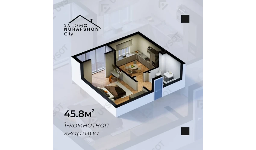 1-xonali xonadon 45.8 m²  2/9 qavat | Salom Nurafshon city Turar-joy majmuasi