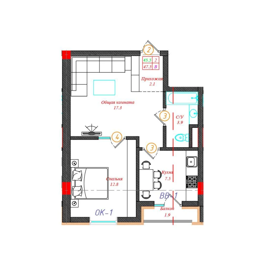 2-комн. квартира 47.5 м²  3/5 этаж | Жилой комплекс CHINARA PARK