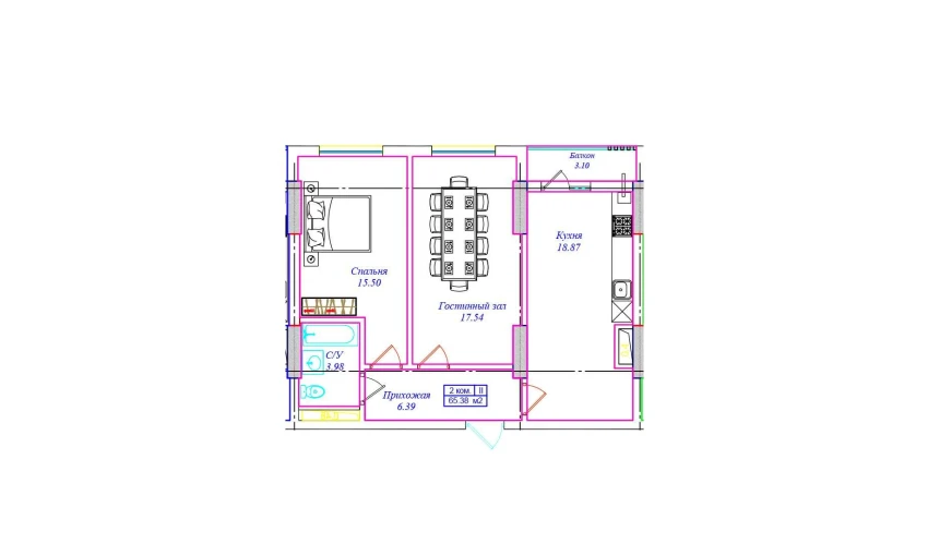 2-комнатная квартира 65.38 м²  6/17 этаж | Жилой комплекс UCHTEPA CITY