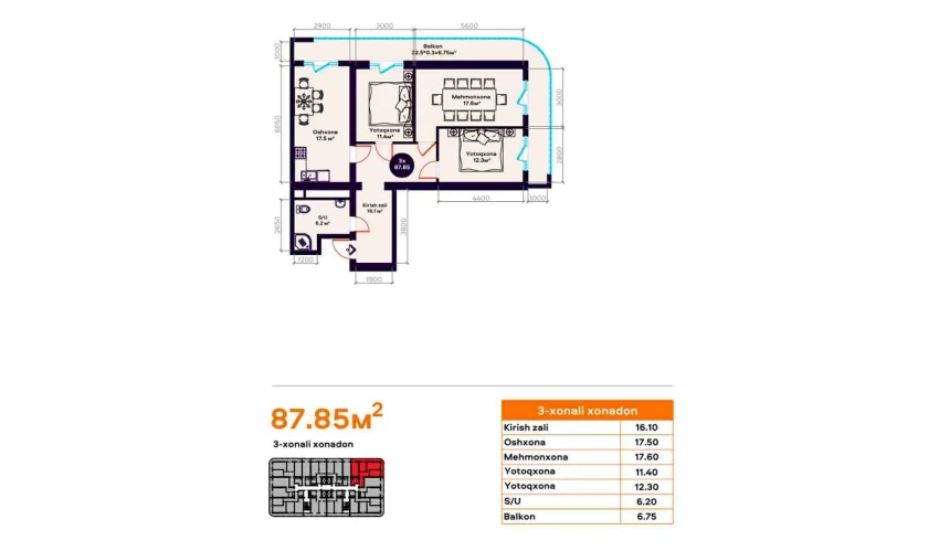 3-комнатная квартира 87.85 м²  9/22 этаж | Жилой комплекс TXT Tower