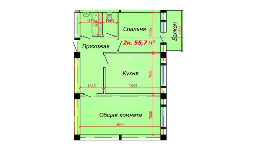 2-комнатная квартира 55.7 м²  8/9 этаж | Жилой комплекс VATAN
