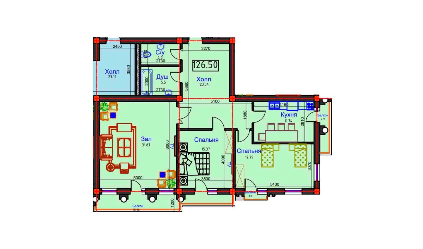 3-комн. квартира 126.5 м²  8/9 этаж | Жилой комплекс BAHOR