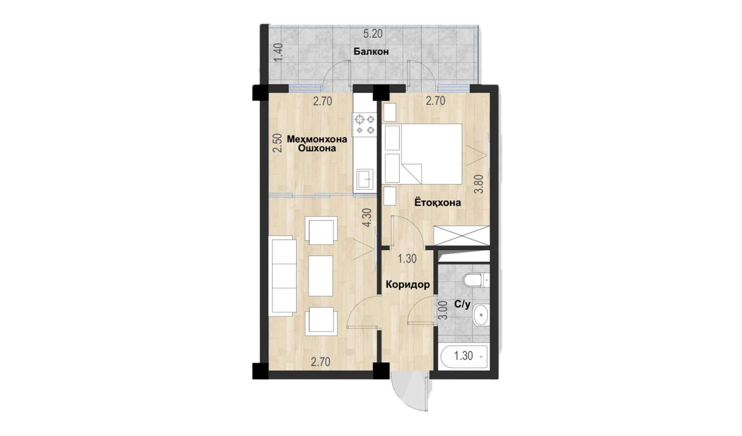 2-комн. квартира 43.85 м²  4/7 этаж | Жилой комплекс Bochka Resort