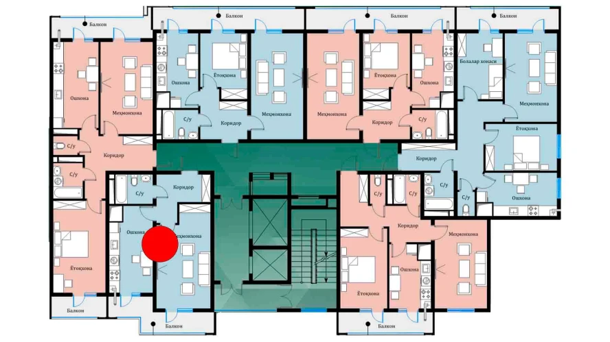 1-xonali xonadon 42.55 m²  16/16 qavat | SOKIN DIYOR Turar-joy majmuasi